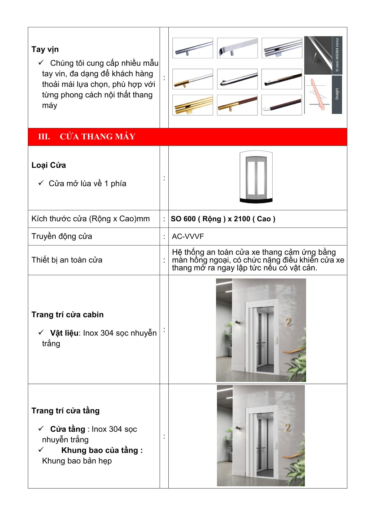 Bảng giới thiệu tay vịn inox và cửa thang máy inox 304 sọc nhuyễn trắng cho cabin và cửa tầng